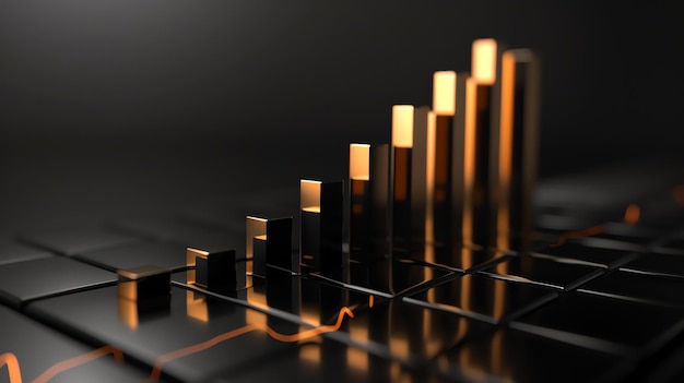 3D-Rendering eines Balkendiagramms mit aufwärts gerichtetem Trend Die Balken bestehen aus einem reflektierenden schwarzen Material und werden durch ein warmes orangefarbenes Licht beleuchtet