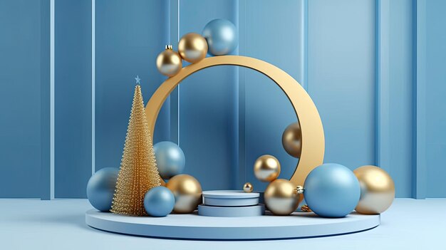 3D-Rendering eines blauen Podiums, geschmückt mit goldenem Bogen-Weihnachtsbaumschmuck, KI-generiert