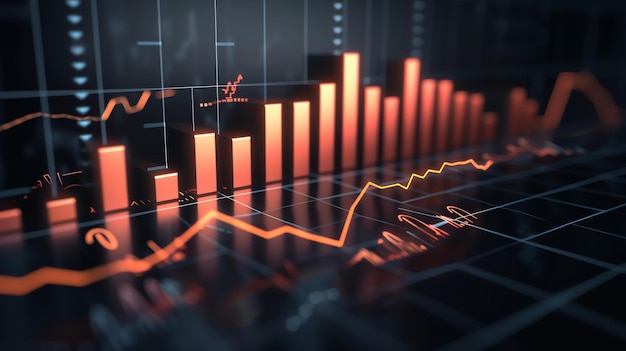 3D-Rendering eines Börsendiagramms, das den Anstieg und Rückgang der Aktienkurse zeigt. Der Diagramm ist orange und schwarz und hat ein futuristisches Aussehen und Gefühl.