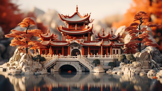 Foto 3d-rendering eines chinesischen tempeldesigns