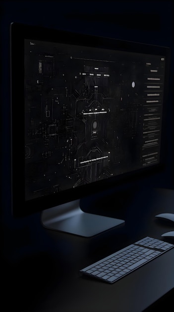 3D-Rendering eines Computers mit schwarzem Bildschirm im Dunkeln