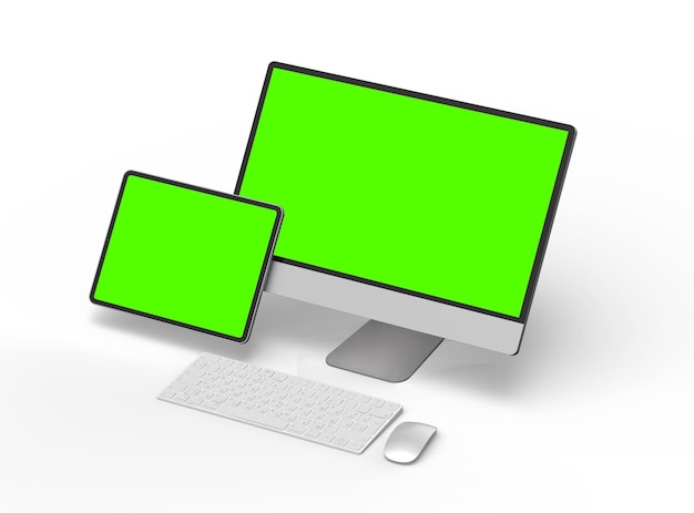 3D-Rendering eines Desktop-Computers und eines Tablets mit einem grünen Bildschirm auf einem hellen Hintergrund