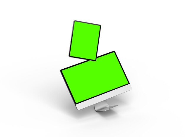 3D-Rendering eines Desktop-Computers und eines Tablets mit einem grünen Bildschirm auf einem hellen Hintergrund