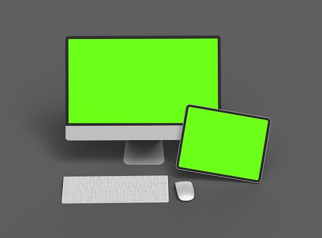 3D-Rendering eines Desktop-Computers und Tablets mit einem grünen Bildschirm auf einem dunklen Hintergrund