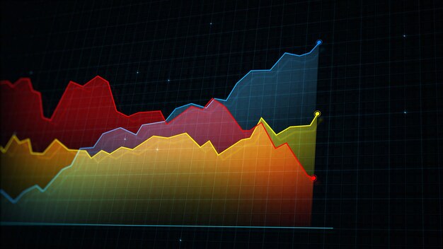 3D-Rendering eines digitalen Einkommensliniendiagramms im Techstyle vor einem Hightech-Gitterhintergrund