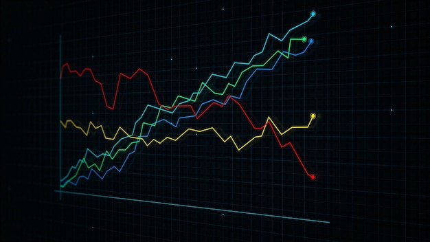 3D-Rendering eines digitalen Einkommensliniendiagramms im Techstyle vor einem Hightech-Gitterhintergrund