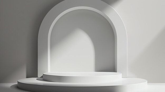3D-Rendering eines einfachen und eleganten weißen Podiums mit einem gekrümmten Bogen im Hintergrund
