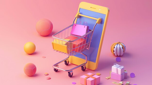 Foto 3d-rendering eines einkaufswagens voller geschenke und eines mobiltelefons der einkaufswagen wird auf einem rosa hintergrund mit einem weichen rosa hintergrund platziert