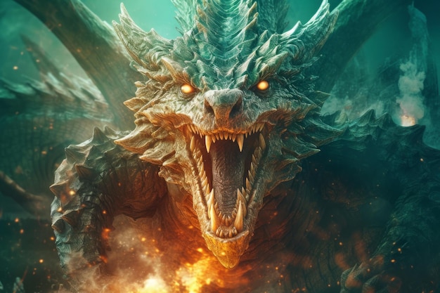 3D-Rendering eines Fantasy-Dragons mit Feuer und Rauch im Hintergrund Generative KI