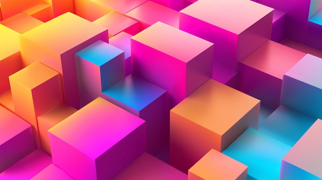 3D-Rendering eines farbenfrohen abstrakten geometrischen Hintergrunds mit rosa-blauen und gelben Würfeln