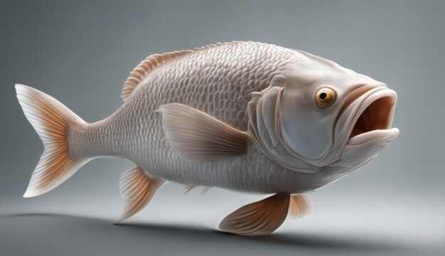 3D-Rendering eines Fisches, das auf einem grauen Hintergrund mit Schatten isoliert ist.