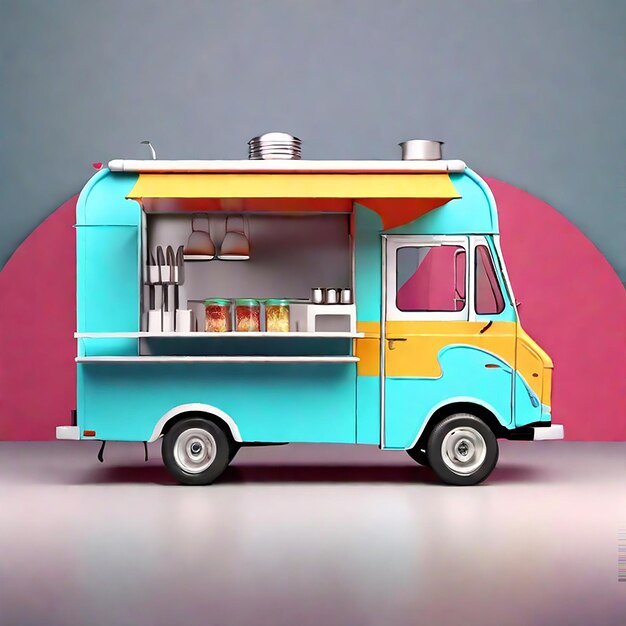 3D-Rendering eines Food-Truck-Fahrzeugmodells für das Corporate-Markenidentitätsdesign, generiert durch KI