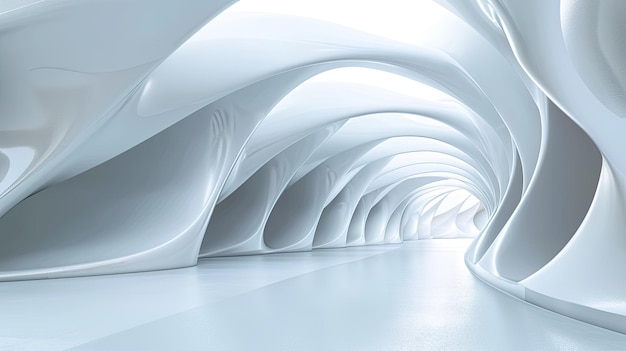 3D-Rendering eines futuristischen Tunnels mit glatten gekrümmten Wänden und einem hellen Licht am Ende