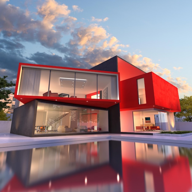 3D-Rendering eines gehobenen modernen Hauses in Schwarz und Rot