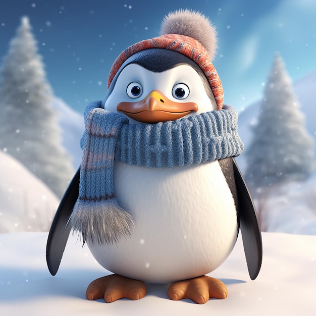 3D-Rendering eines glücklichen Pinguins mit Mütze und Schal im Schnee