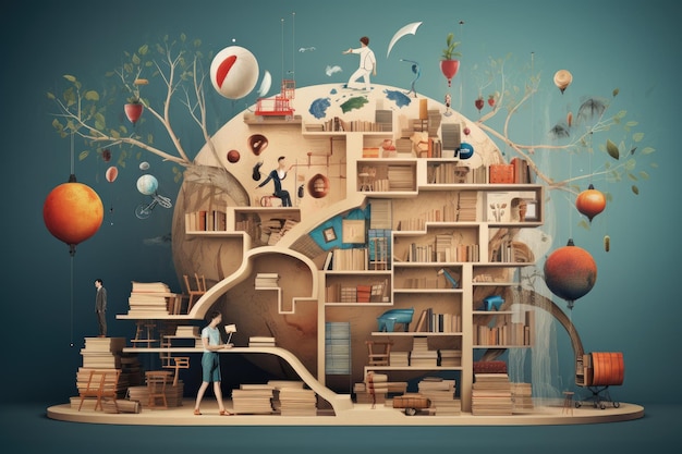 3D-Rendering eines großen Hauses aus Büchern und Menschen rund um Bildung und Lernen Konzept KI generiert