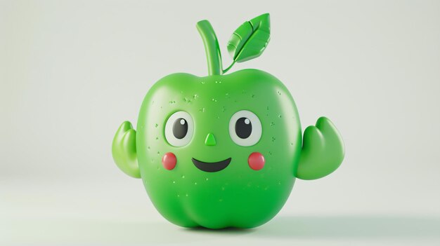 3D-Rendering eines grünen Apfels mit einem Smiley-Gesicht Der Apfel biegt seine Muskeln und hat ein Blatt oben Es ist auf einem weißen Hintergrund isoliert