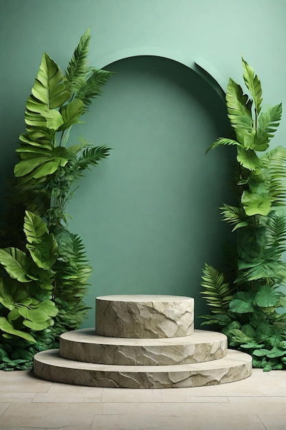3D-Rendering eines grünen Podiums mit tropischen Blättern Minimalszene für die Produktdarstellung