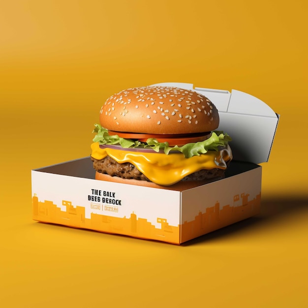 Foto 3d-rendering eines hamburgers in einer kartonbox auf gelbem hintergrund