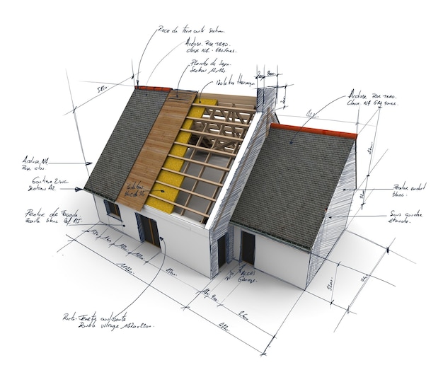 3D-Rendering eines Hauses mit verschiedenen Schichten der Dachkonstruktion