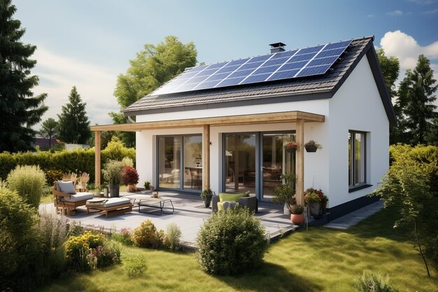 Foto 3d-rendering eines hauses mit wintergarten und solarmodulen