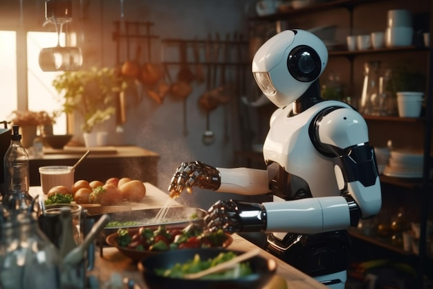 3D-Rendering eines humanoiden Roboters, der zu Hause Gemüsesalat in der Küche kocht