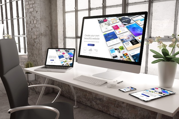 3D-Rendering eines Industriebüros mit Geräten, die einen reaktionsschnellen Website-Builder zeigen