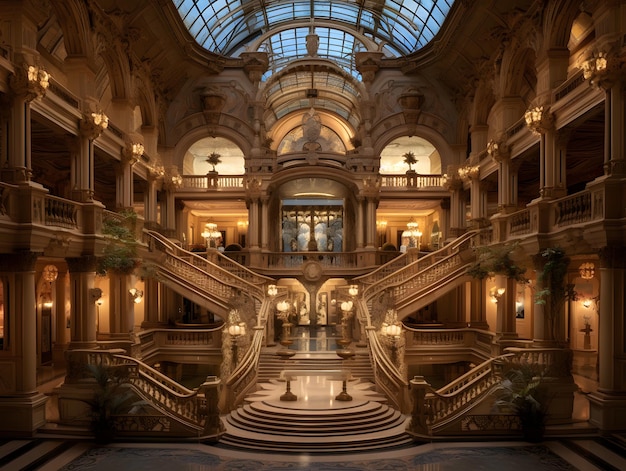 3D-Rendering eines Innenraums eines königlichen Palastes mit einer Treppe 3D-rendering Innenarchitektur