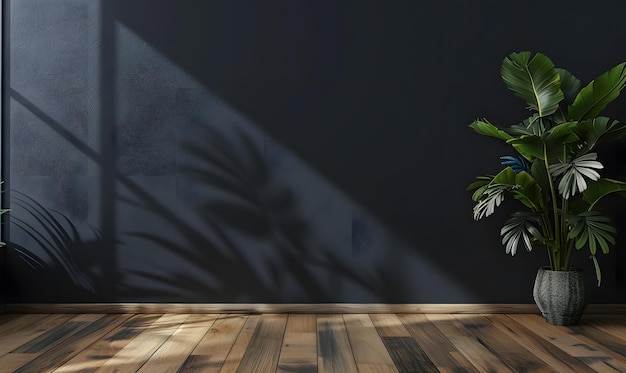 3D-Rendering eines Innenraums mit blauer Wand und grüner Pflanze