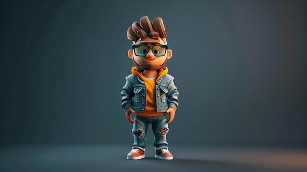 Foto 3d-rendering eines jungen mannes in freizeitkleidung er trägt eine blaue jeansjacke, ein orangefarbenes hemd und eine blaufarbene jeans er hat einen bart und braune haare