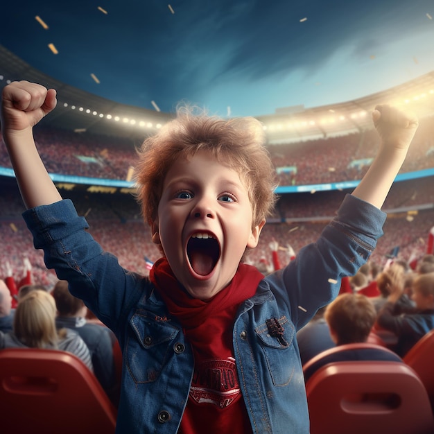 3D-Rendering eines Kindes, das seine Emotionen über den Sieg seines Teams zeigt