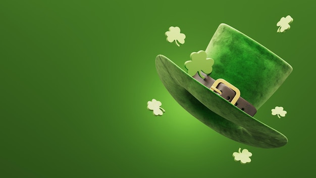 3D-Rendering eines klassischen grünen St. Patrick's Day-Hutes mit Goldmünzen und Shamrocks