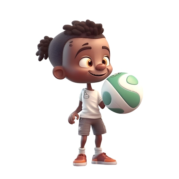 3D-Rendering eines kleinen afroamerikanischen Jungen mit einem Fußball