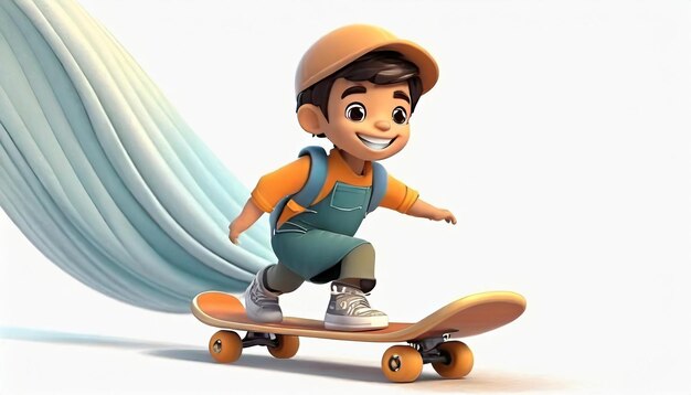 3D-Rendering eines kleinen Jungen, der auf einem weißen Hintergrund Skateboard fährt