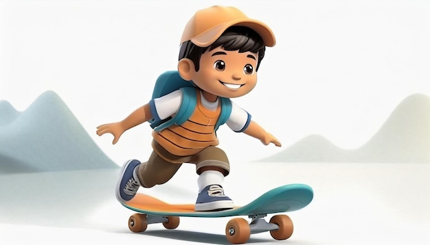 3D-Rendering eines kleinen Jungen, der auf einem weißen Hintergrund Skateboard fährt