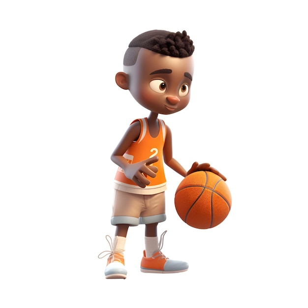 Foto 3d-rendering eines kleinen jungen, der basketball spielt, isoliert auf weißem hintergrund