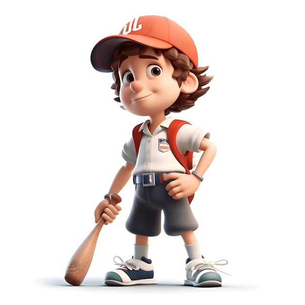 3D-Rendering eines kleinen Jungen mit Baseballschläger und Baseballmütze