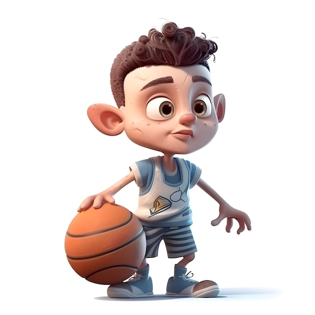 3D-Rendering eines kleinen Jungen mit Basketball auf weißem Hintergrund