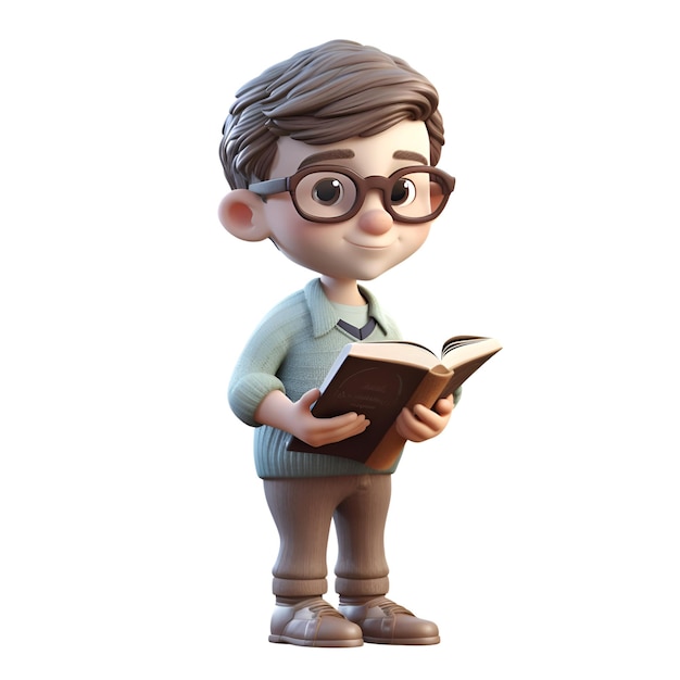 3D-Rendering eines kleinen Jungen mit Brille, der ein Buch liest