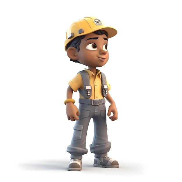 3D-Rendering eines kleinen Jungen mit Helm und Arbeitsanzug