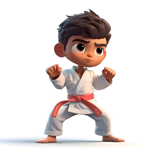 3D-Rendering eines kleinen Taekwondo-Jungen mit weißem Hintergrund
