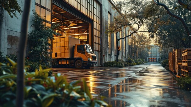 3D-Rendering eines kommerziellen Lieferwagens im Regenwetter in einem Lagerhaus bei Sonnenuntergang