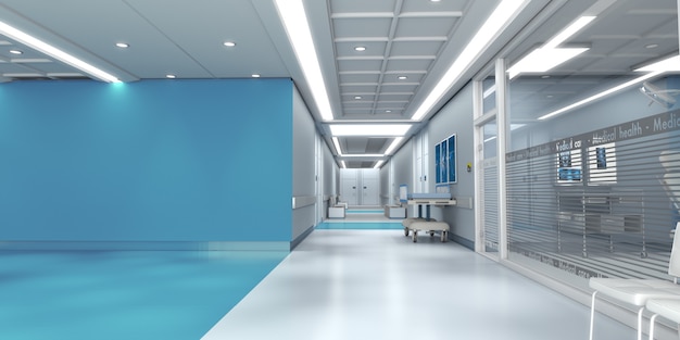 3D-Rendering eines Krankenhausinneren mit viel Kopierraum