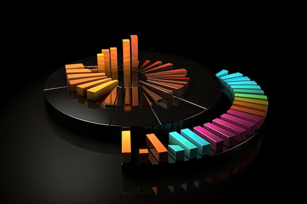 3D-Rendering eines Kuchendiagramms mit schwarzem Hintergrund mit bunten Regenbogenstäben 3D- Rendering eines kuchendiagramms mit schwarzen Hintergründen mit Geschäftsdiagrammen und -grafiken KI generiert