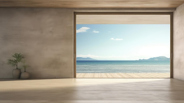 Foto 3d-rendering eines leeren, geräumigen wohnzimmers mit einem großen fenster mit blick auf das meer