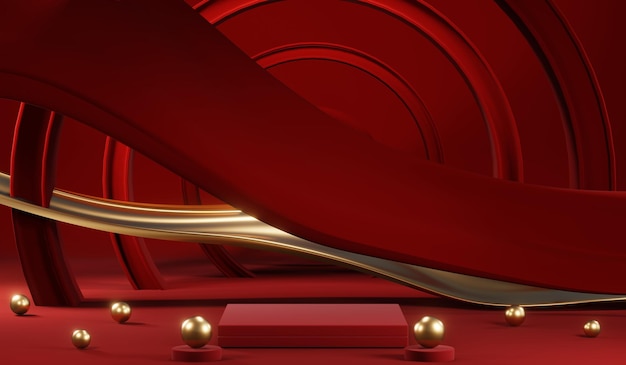 3D-Rendering eines leeren Produkthintergrunds für Cremekosmetik Moderner roter Podiumshintergrund