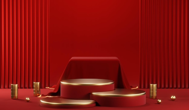 3D-Rendering eines leeren Produkthintergrunds für Cremekosmetik Moderner roter Podiumshintergrund