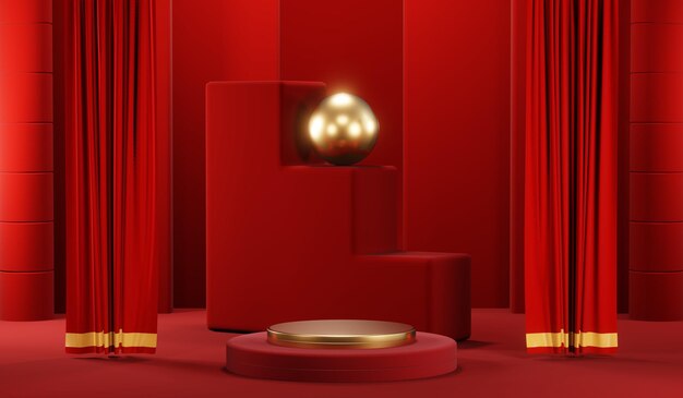 3D-Rendering eines leeren Produkthintergrunds für Cremekosmetik Moderner roter Podiumshintergrund