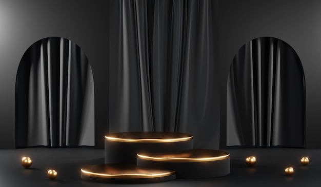 3D-Rendering eines leeren Produkthintergrunds für Cremekosmetik Moderner schwarzer Podiumshintergrund