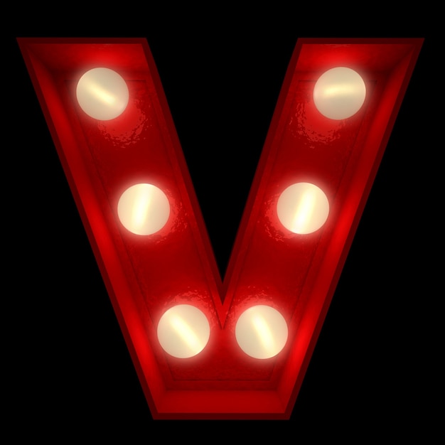 3D-Rendering eines leuchtenden Buchstabens V, ideal für Zeichen des Showbusiness